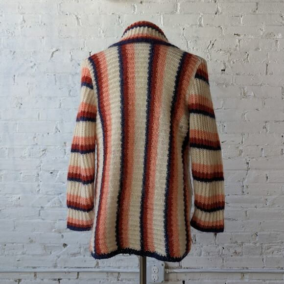70s Vintage Knit Striped Sweater Stripes Wool Cardigan Earthy Cottage Top Medium - Picture 5 of 6